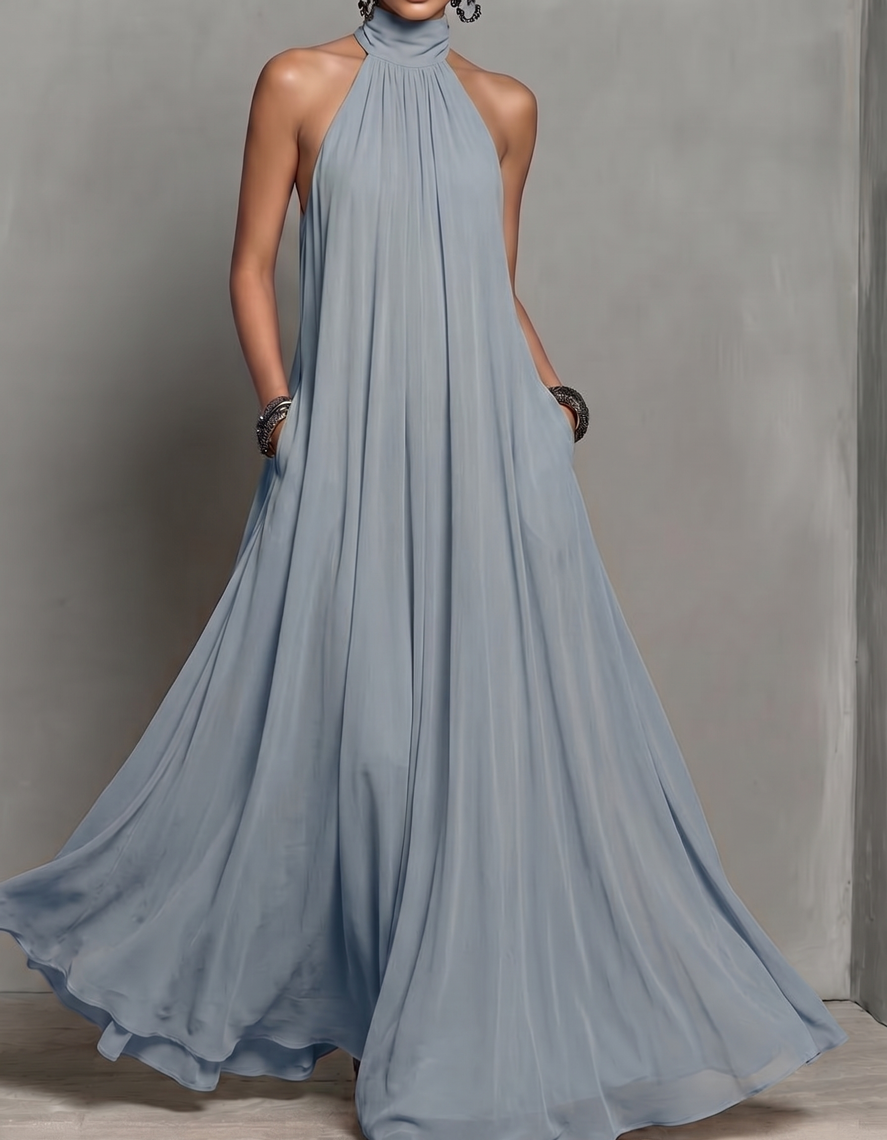 Halter Neck Chiffon Pocket A-Line Maxi Dress