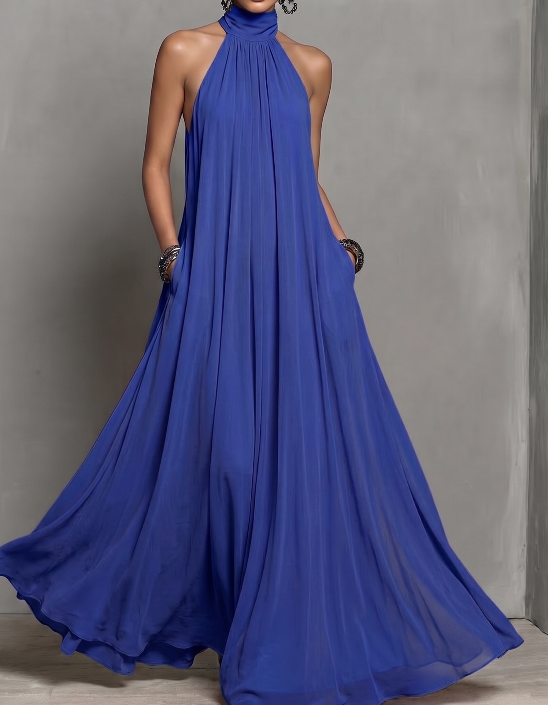 Halter Neck Chiffon Pocket A-Line Maxi Dress