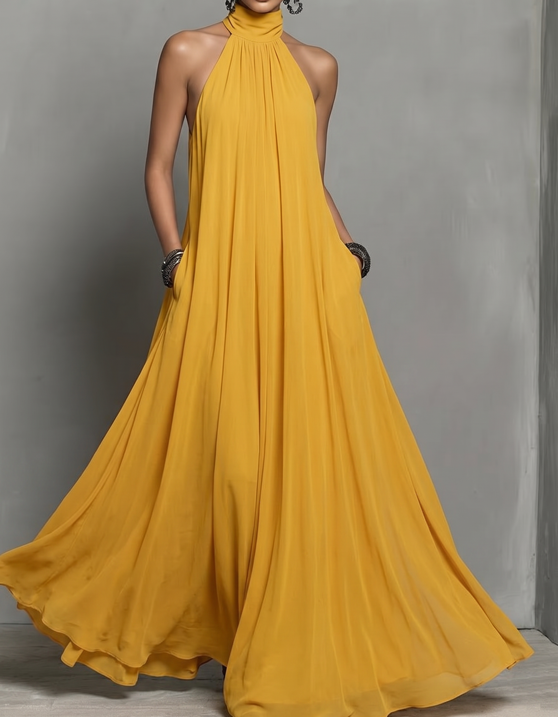 Halter Neck Chiffon Pocket A-Line Maxi Dress