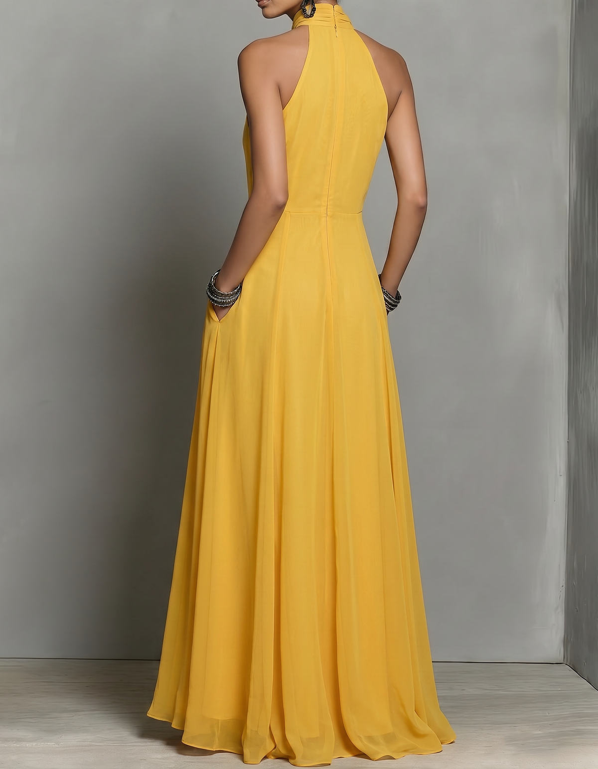 Halter Neck Chiffon Pocket A-Line Maxi Dress