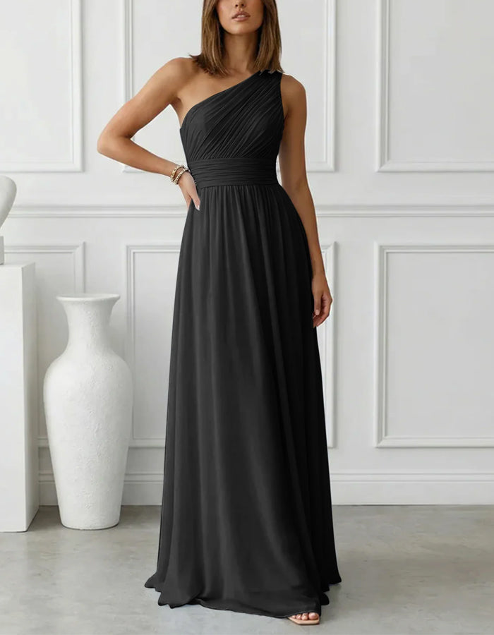 Solid Color Chiffon One Shoulder Fitted Waist Maxi Dress