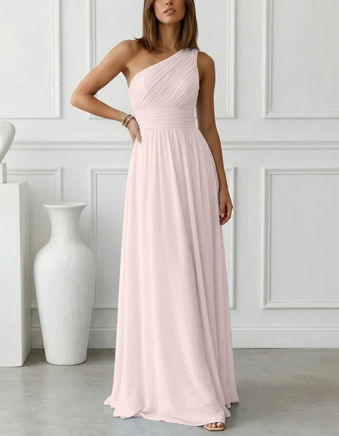 Solid Color Chiffon One Shoulder Fitted Waist Maxi Dress