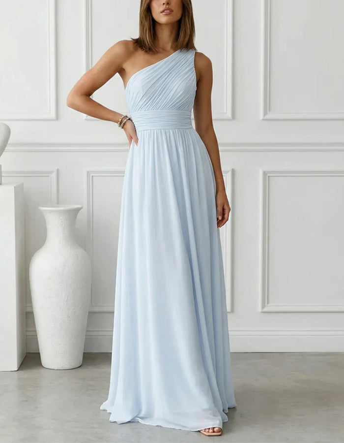 Solid Color Chiffon One Shoulder Fitted Waist Maxi Dress