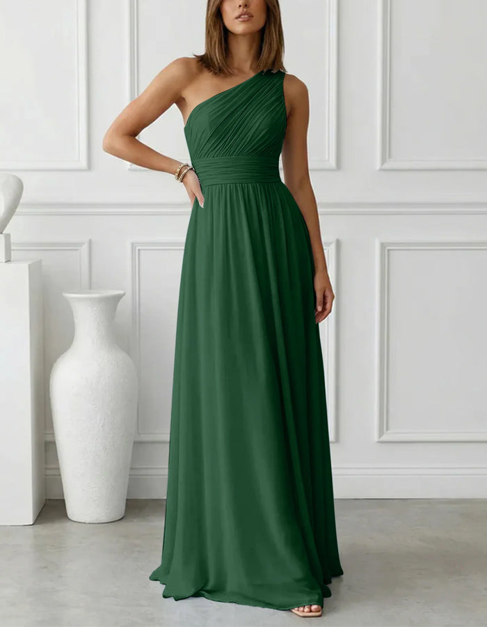 Solid Color Chiffon One Shoulder Fitted Waist Maxi Dress