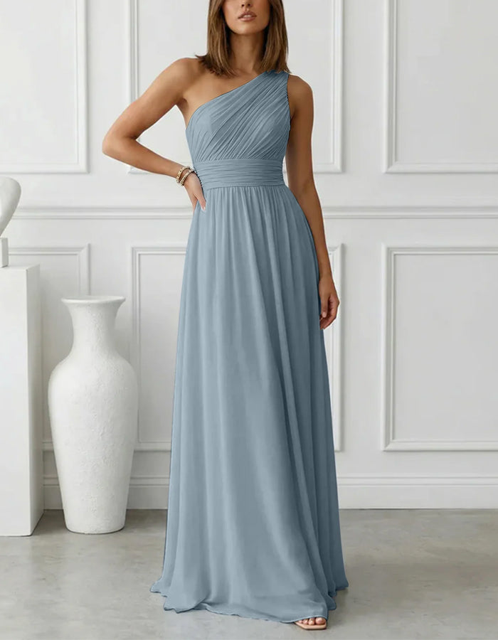 Solid Color Chiffon One Shoulder Fitted Waist Maxi Dress
