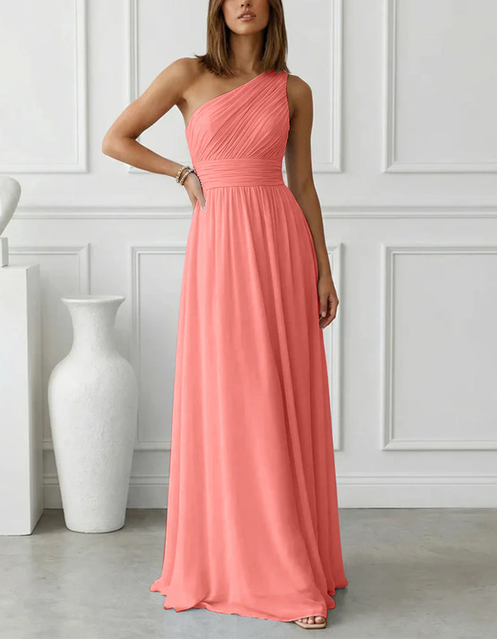 Solid Color Chiffon One Shoulder Fitted Waist Maxi Dress
