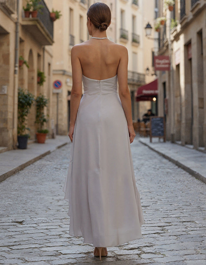 Gray Chiffon Halter Neck With Irregular Ruffles Maxi Dress