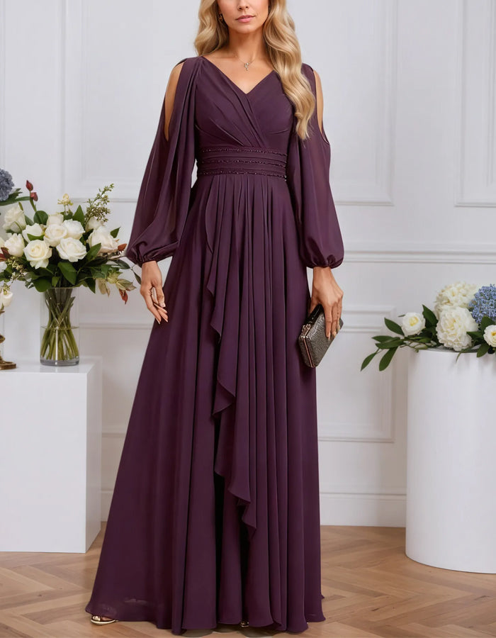 Deep Purple Chiffon V-Neck Off-Shoulder Maxi Dress