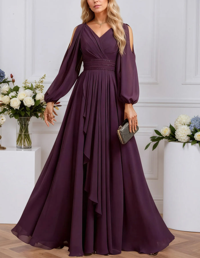 Deep Purple Chiffon V-Neck Off-Shoulder Maxi Dress