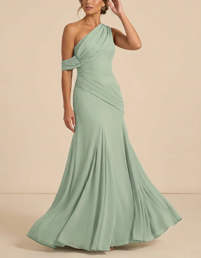 Mint Green Chiffon One Shoulder Maxi Dress