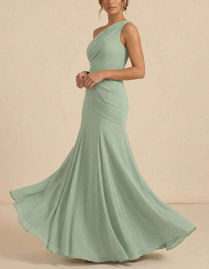 Mint Green Chiffon One Shoulder Maxi Dress