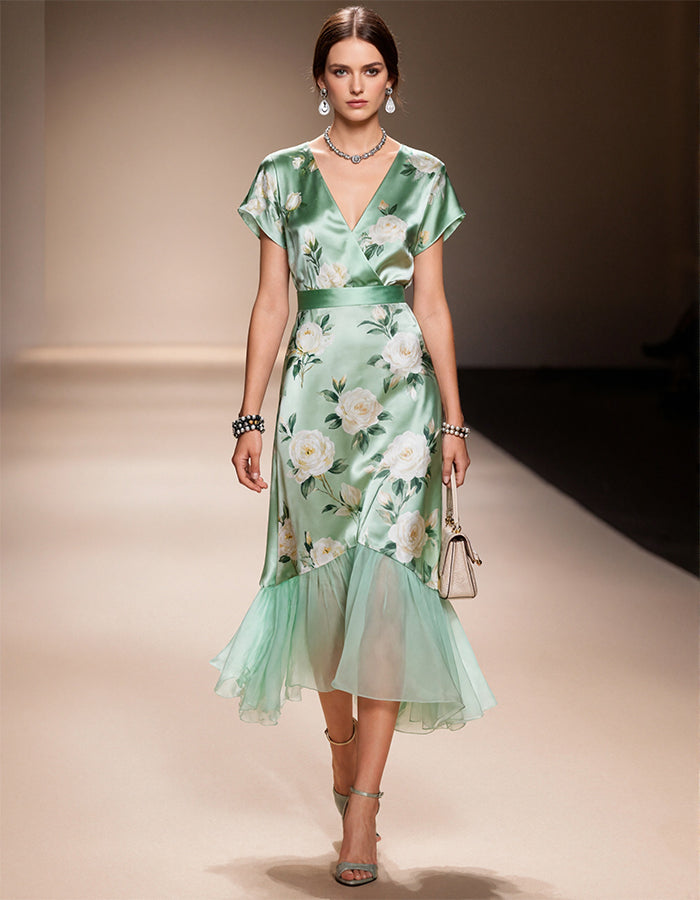 Mint Green Satin Rose Print V-Neck Fitted Waist Chiffon Patchwork Midi Dress