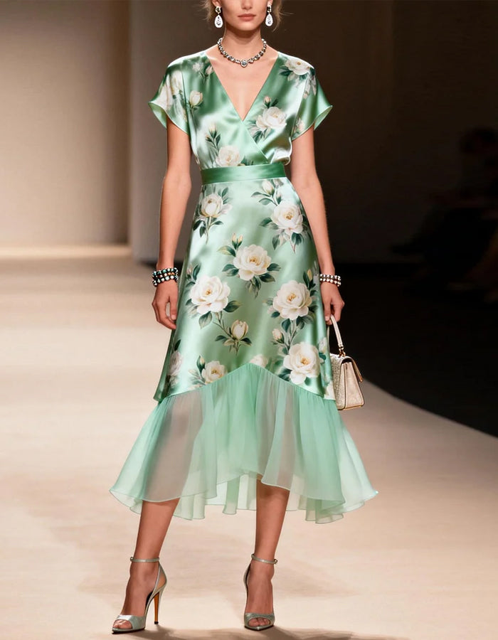 Mint Green Satin Rose Print V-Neck Fitted Waist Chiffon Patchwork Midi Dress