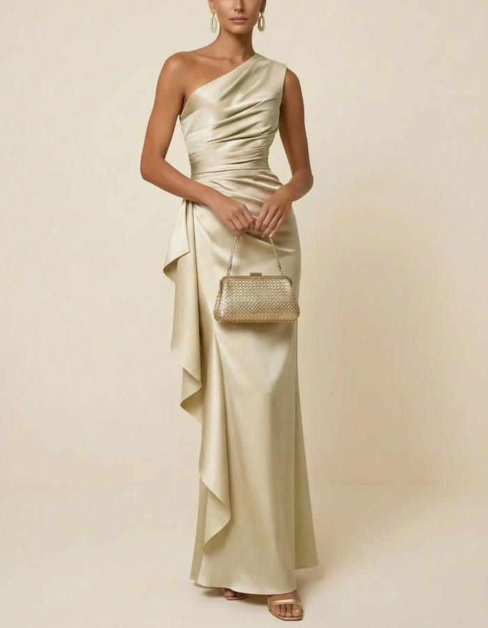 Champagne Satin One Shoulder Side Ruffle Maxi Dress