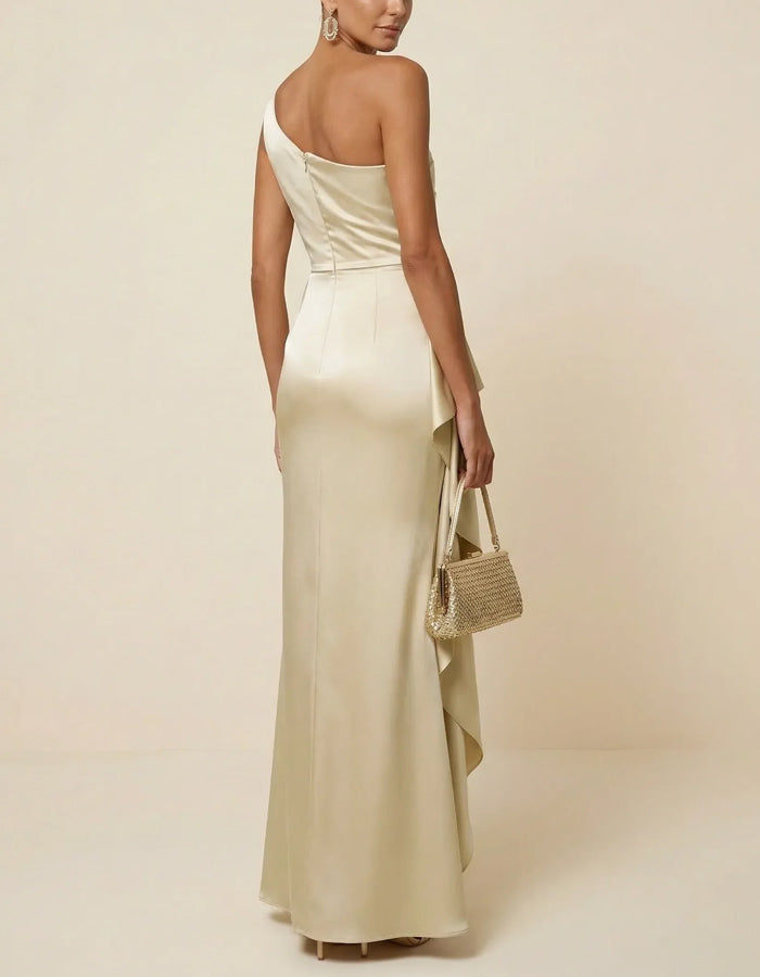Champagne Satin One Shoulder Side Ruffle Maxi Dress