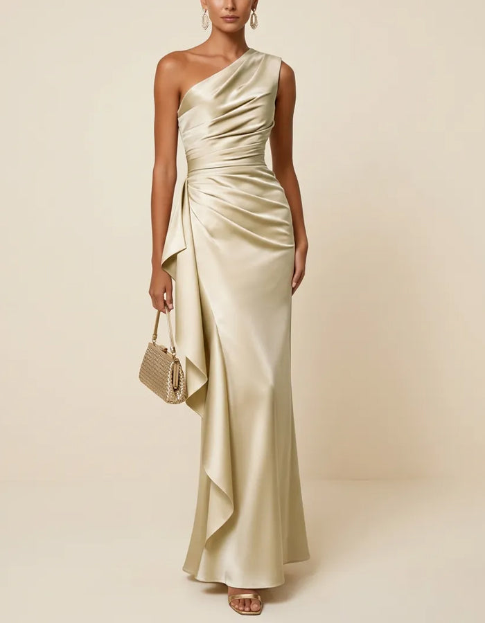 Champagne Satin One Shoulder Side Ruffle Maxi Dress