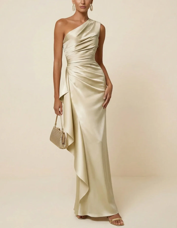 Champagne Satin One Shoulder Side Ruffle Maxi Dress