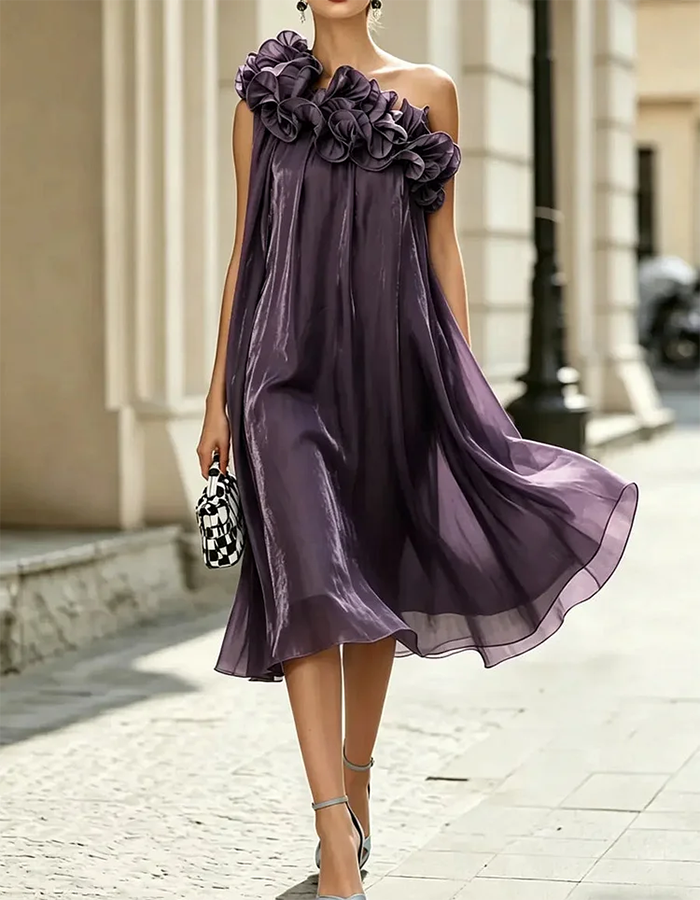 Ice Blue Asymmetric Off-the-Shoulder 3D Ruffled Organza Midi Dress