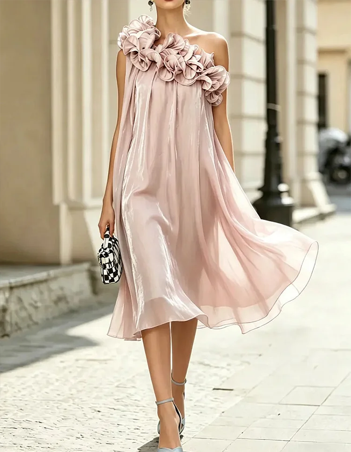 Ice Blue Asymmetric Off-the-Shoulder 3D Ruffled Organza Midi Dress