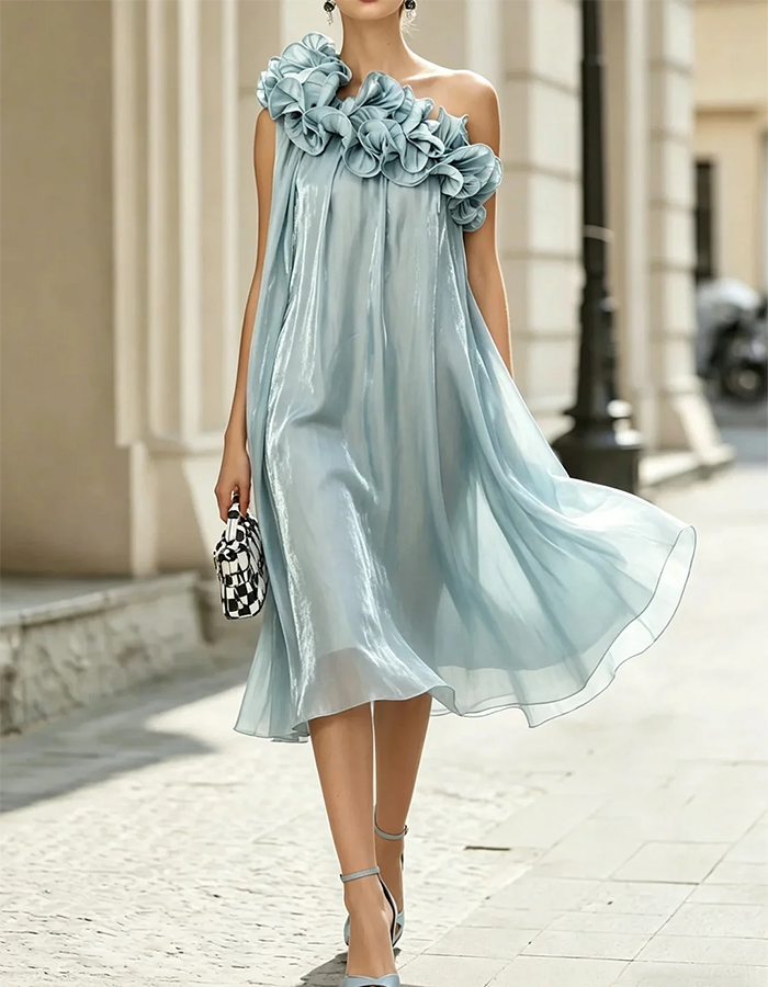 Ice Blue Asymmetric Off-the-Shoulder 3D Ruffled Organza Midi Dress