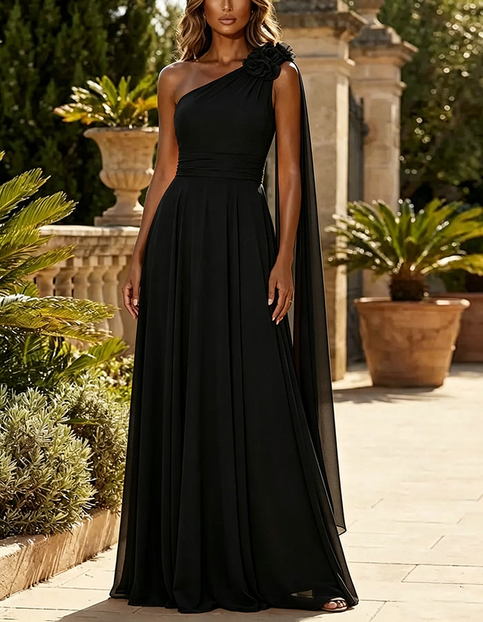 Orange One Shoulder Chiffon With 3d Floral Ribbon Maxi Dress