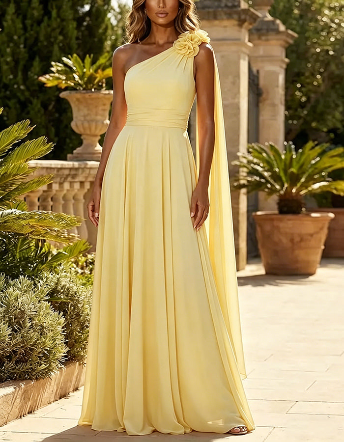 Orange One Shoulder Chiffon With 3d Floral Ribbon Maxi Dress
