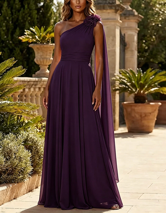 Orange One Shoulder Chiffon With 3d Floral Ribbon Maxi Dress