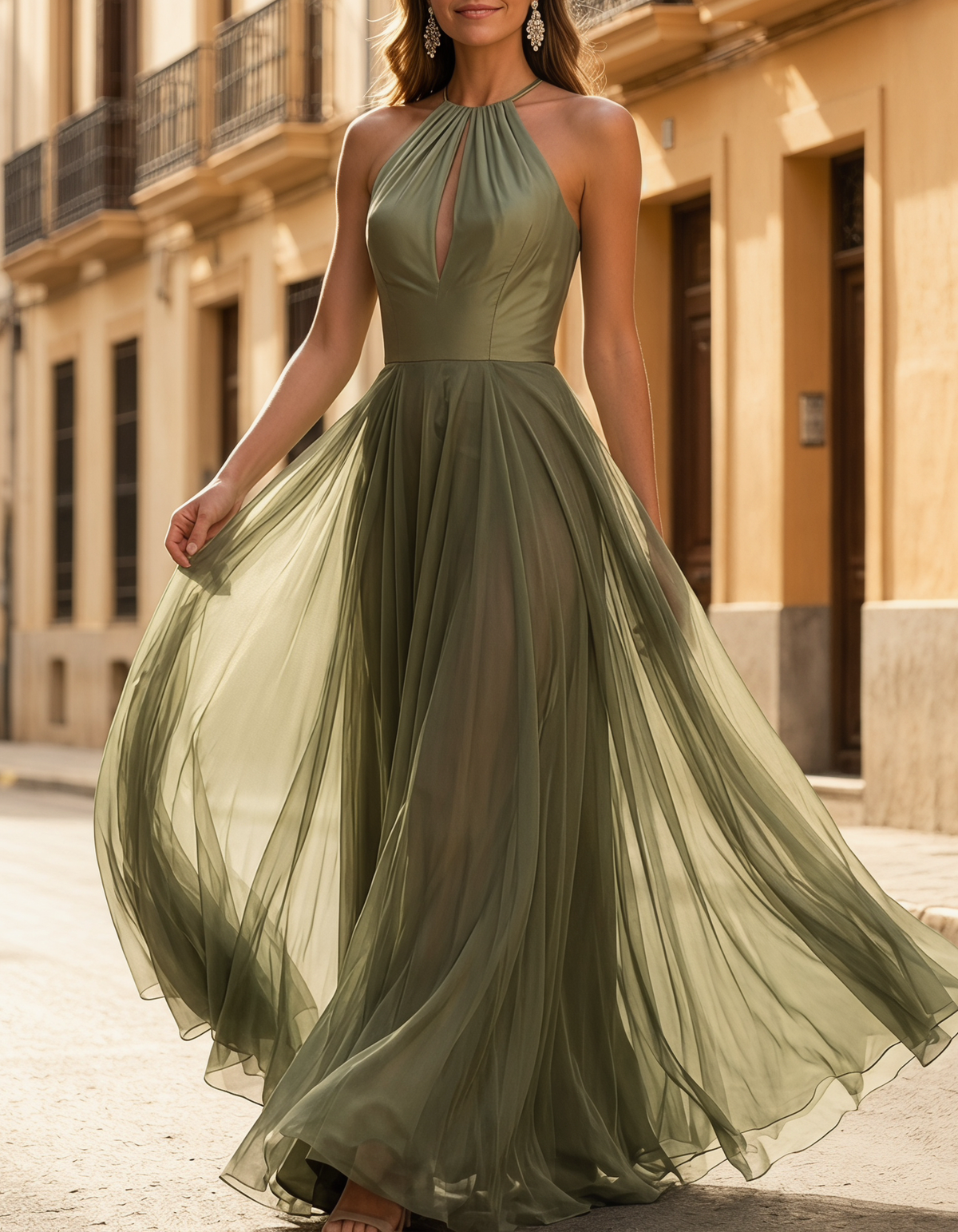 Olive Green Satin Mesh Halter Neck Cutout A-Line Maxi Dress