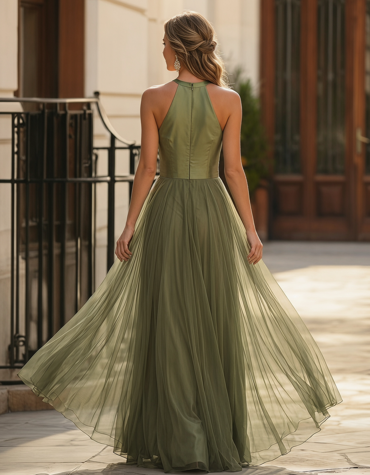 Olive Green Satin Mesh Halter Neck Cutout A-Line Maxi Dress
