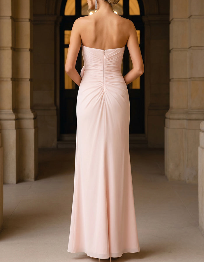 Blush Pink Strapless Sweetheart Draped Chiffon Maxi  Dress