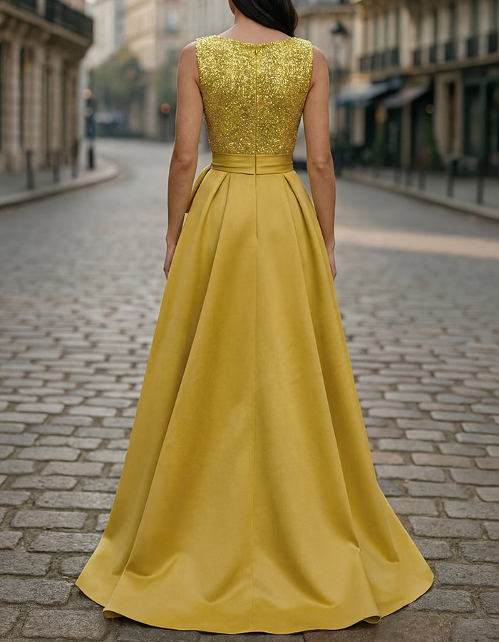 Yellow Sequin Bodice Satin A-line Maxi Dress