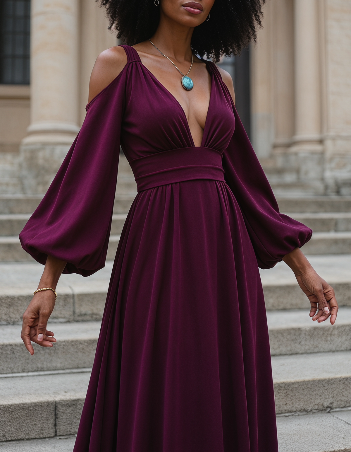 Chiffon Off-The-Shoulder Puff-Sleeve Maxi Dress