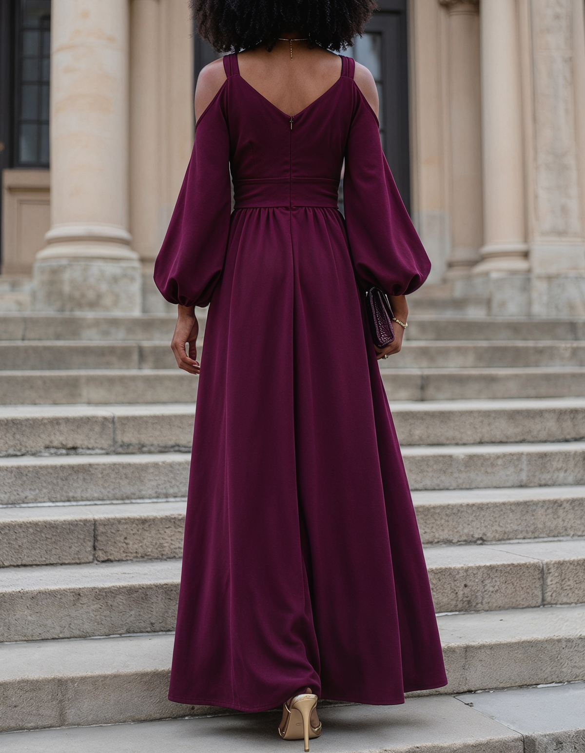 Chiffon Off-The-Shoulder Puff-Sleeve Maxi Dress