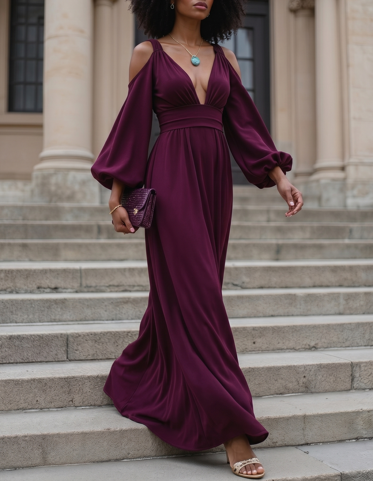 Chiffon Off-The-Shoulder Puff-Sleeve Maxi Dress