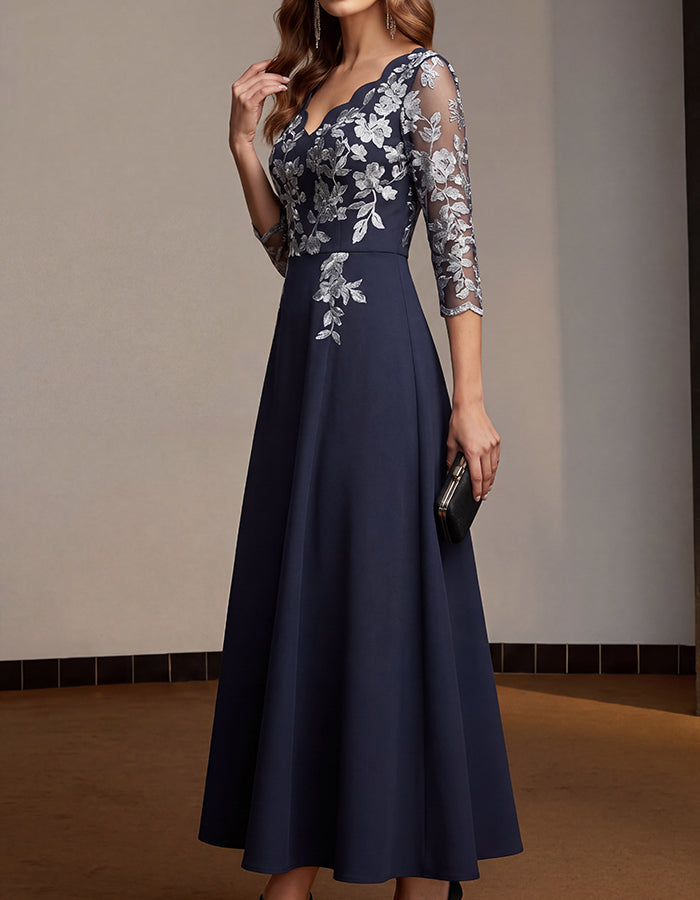 Navy Blue Scalloped V-neck Lace Bodice A-line Midi Dress