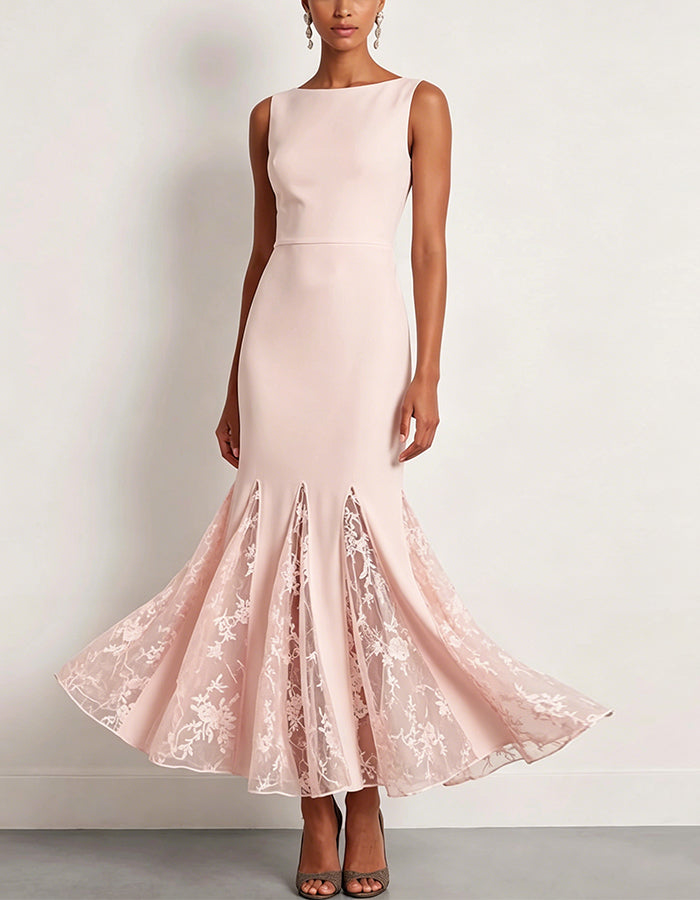 Solid Color Sleeveless Lace Patchwork Maxi Dress