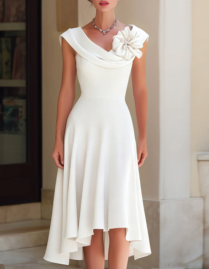 Solid Color Draped Collar With 3d Floral Embellishments Midi Dress