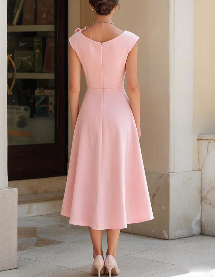 Solid Color Draped Collar With 3d Floral Embellishments Midi Dress