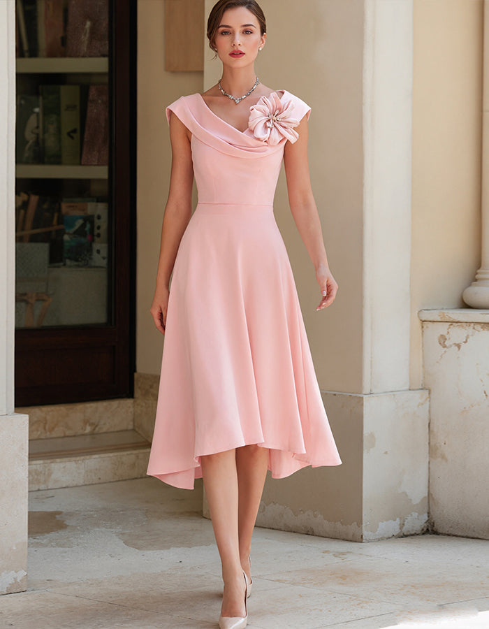 Solid Color Draped Collar With 3d Floral Embellishments Midi Dress