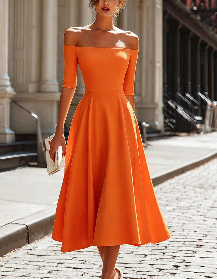 Coral Pink Off Shoulder Three-Quarter Sleeve Midi Dress