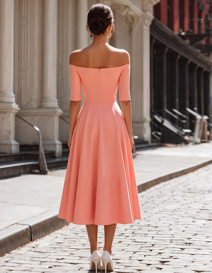 Coral Pink Off Shoulder Three-Quarter Sleeve Midi Dress