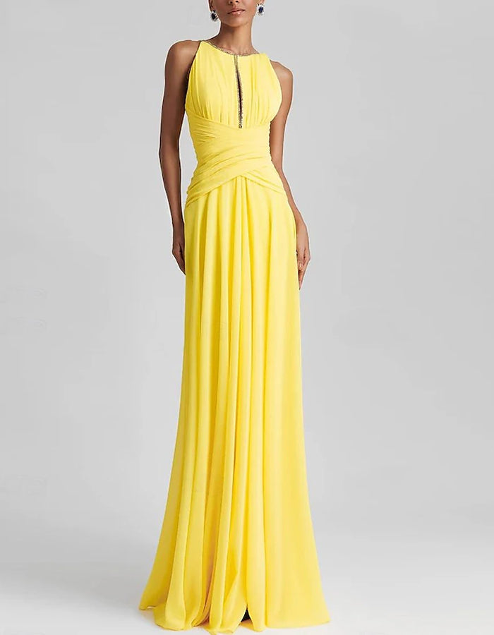 Solid Color Chiffon Halter Neck Pleated Maxi Dress