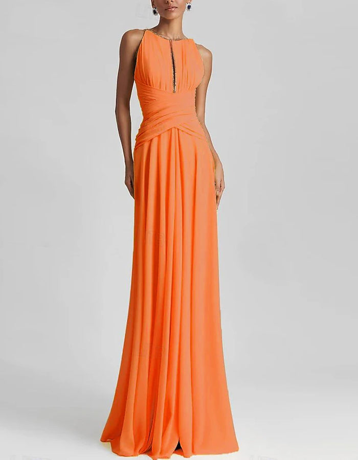 Solid Color Chiffon Halter Neck Pleated Maxi Dress