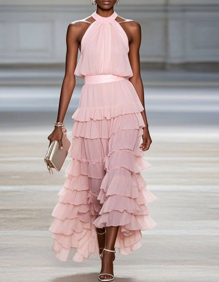Pink Chiffon Off Shoulder Design With Layered Ruffles Maxi Dress