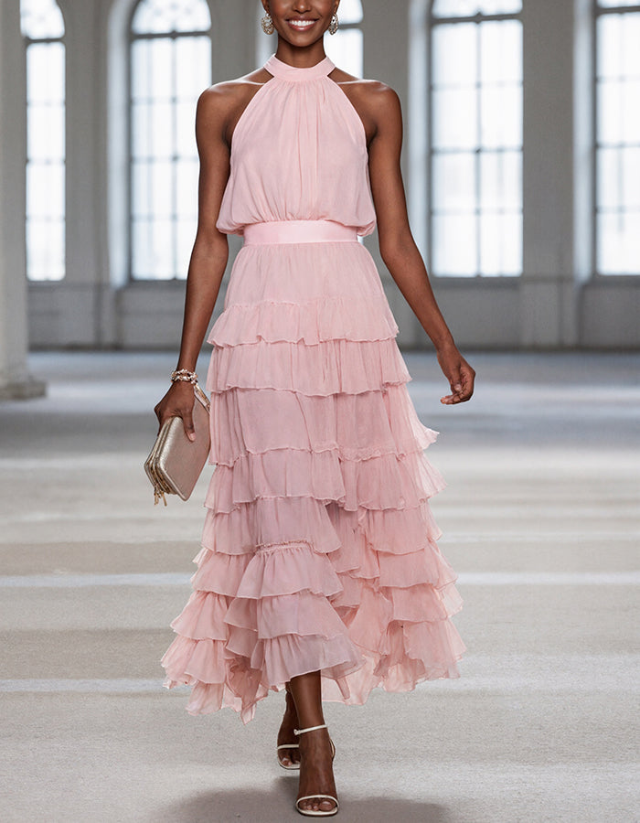 Pink Chiffon Off Shoulder Design With Layered Ruffles Maxi Dress