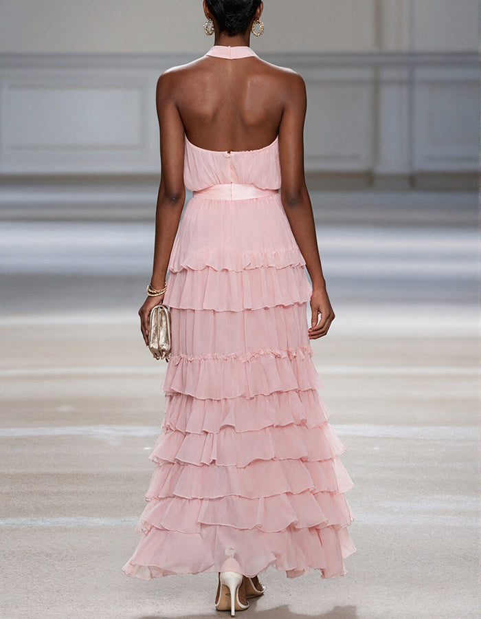 Pink Chiffon Off Shoulder Design With Layered Ruffles Maxi Dress