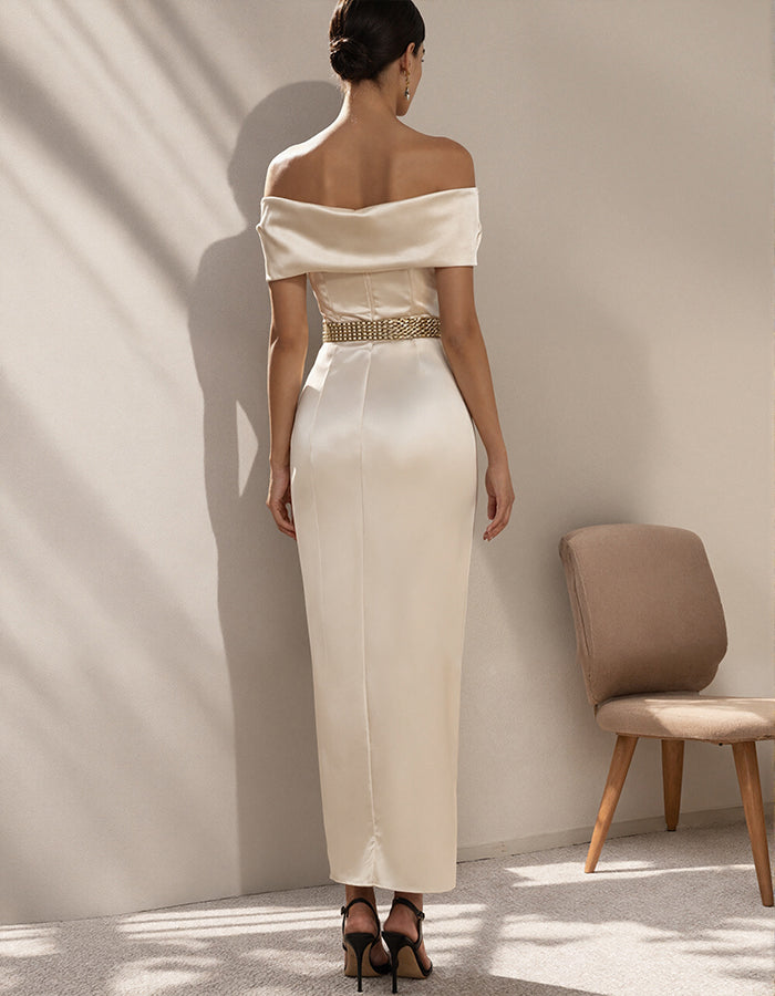 Champagne Satin Off Shoulder Waist Cinching Hip Hugging Maxi Dress