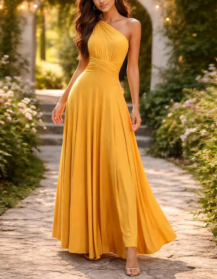 Yellow Off Shoulder Twisted Waist Maxi Dress
