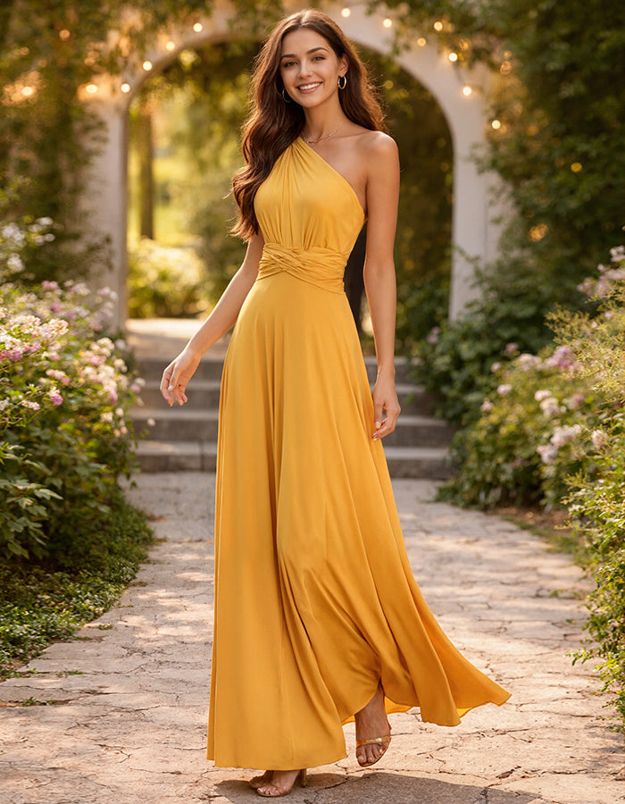 Yellow Off Shoulder Twisted Waist Maxi Dress