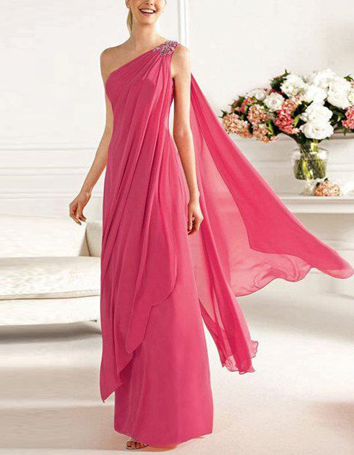 Rose Pink Off Shoulder Draped Chiffon Maxi Dress